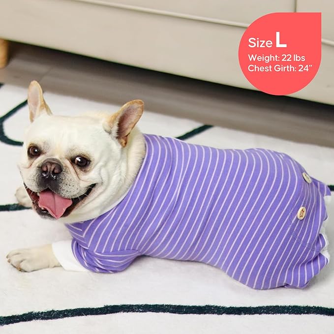 KYEESE Dog Pajamas Soft Striped Pet Jumpsuit Lightweight Doggie Jammies 4 Legs Dog Clothes Stretchable Pajamas Breathable Cozy Outfit Comfortable Onesie Sleepwear for Small Dogs,Purple Striped, Large
