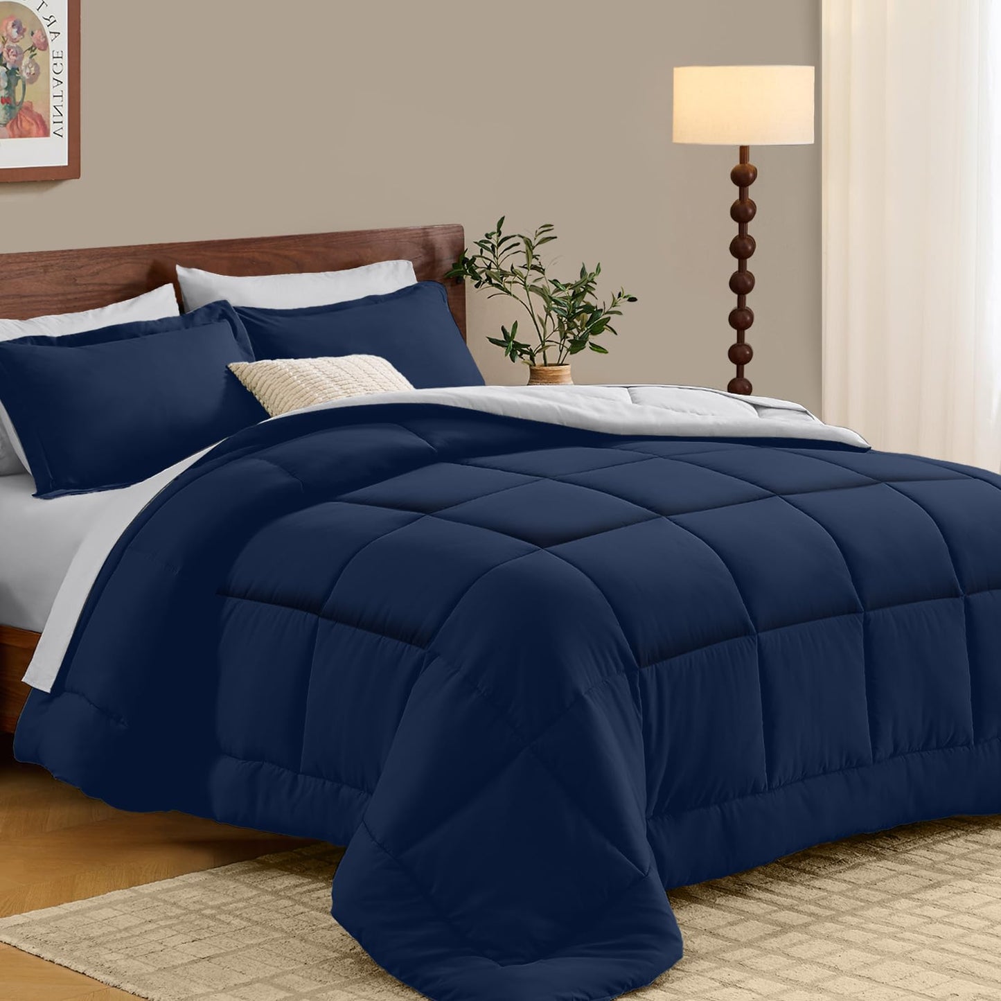 FUANNA Queen Comforter Set 7 Pieces, Reversible Bed in a Bag with All Season Soft Comforter, Bedding Sets Includes Comforter, Flat Sheet, Fitted Sheet, Pillowcases & Shams, Navy Blue & Light Grey