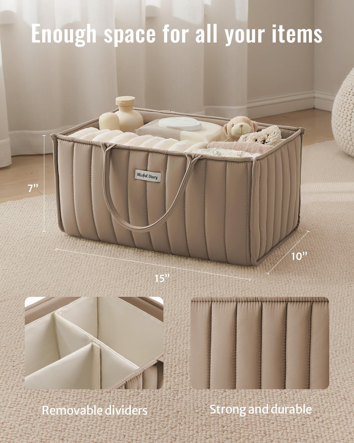 Blissful Diary Baby Diaper Caddy Organizer, Stylish Storage Basket for Newborn Essentials and Diaper Station, Gift for Baby Shower and Registry Must-Have, Mocha Brown