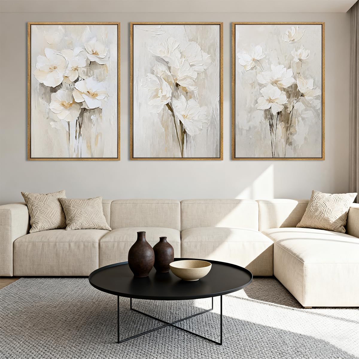Anyzal Framed Neutral Beige Floral Wall Art Large 16x24 Inch White Cream Flower Canvas Wall Decor Modern Botanical Farmhouse Painting for Living Room Bedroom Dining Room Set of 3