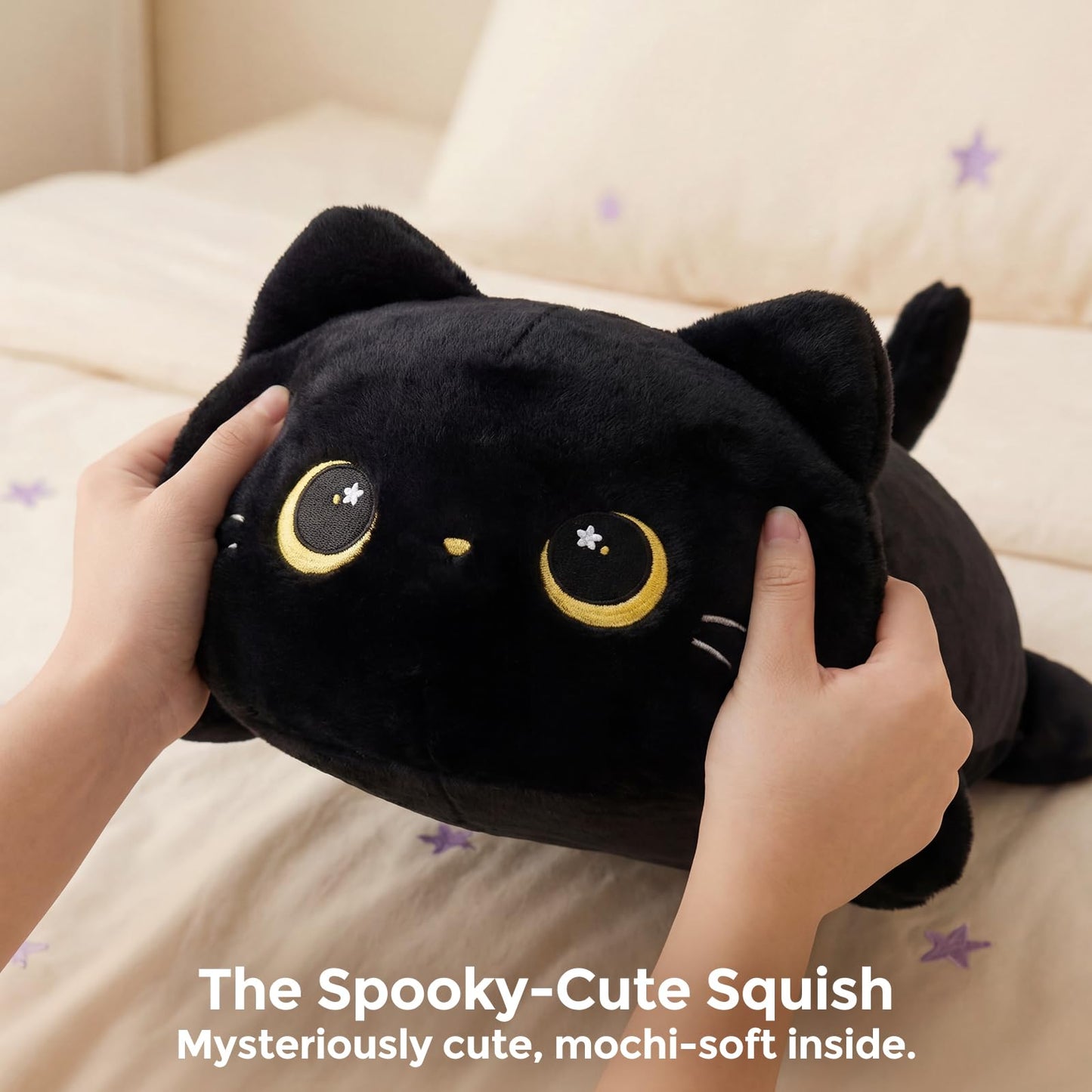 Mewaii Cute Black Cat Plush Pillow, Kawaii Plushies Black Cat Stuffed Animals, Squishy Plushies, Cuddle Plush Pillow for Kids & Girls (20 Inch)