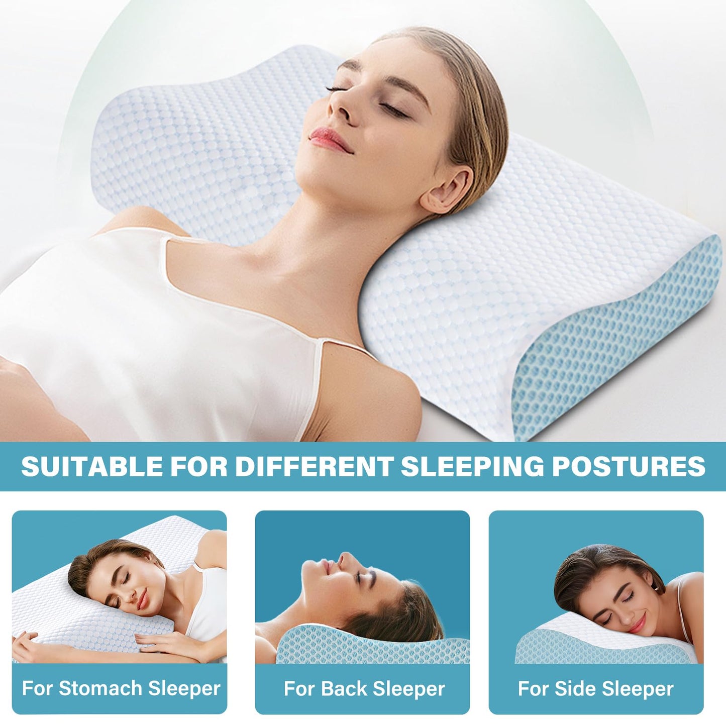 SUFOR 2 Pack Memory Foam Cooling Bed Pillows for Sleeping, Ergonomic Cervical Pillow for Neck and Shoulder Pain Relief, Adjustable Cold Pillow Set of 2,with Pillowcase（Blue）