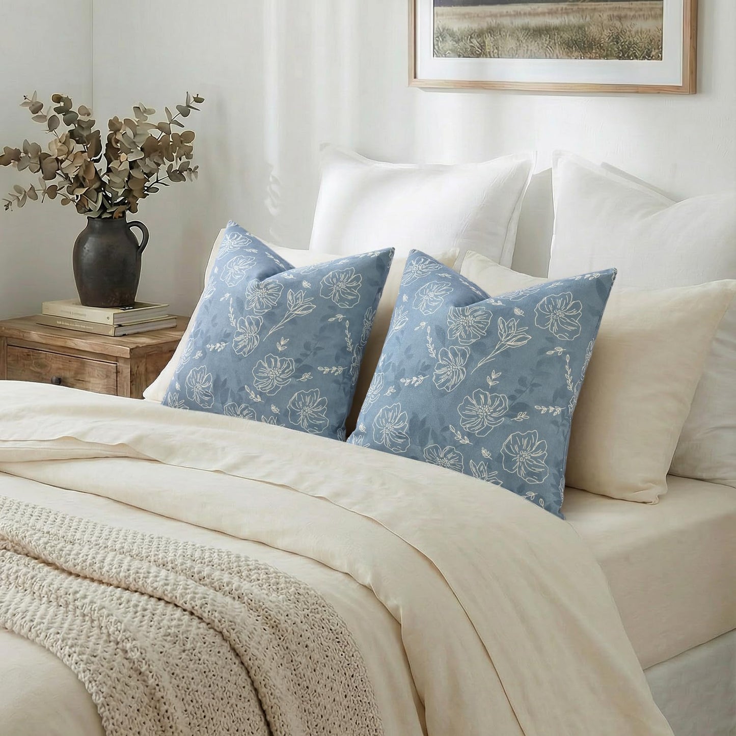 decorUhome Floral Botanical Pillow Covers 24x24 Set of 2, Faux Linen Decorative Throw Pillow Covers with White Line Flower Print for Couch Sofa Bed, Blue