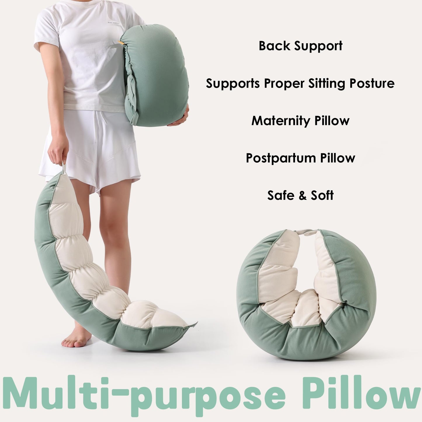 Ailuteie Peallow(Pat. Pend) – Long Round Body Pillow for Adults, Bolster Pillow for Sleeping, Soft and Supportive Pillow for Sleeping & Lumbar Support (Green-White, 29.5")