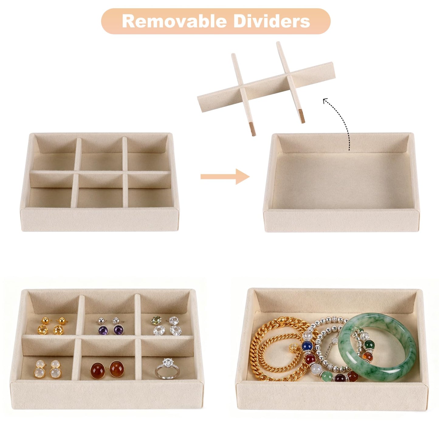 RingsTown 8-Piece Velvet jewelry drawer organizer inserts Removable Dividers, 4.8 * 3.7 * 0.9in Stackable Drawer Organizer, Vanity Dresser Storage