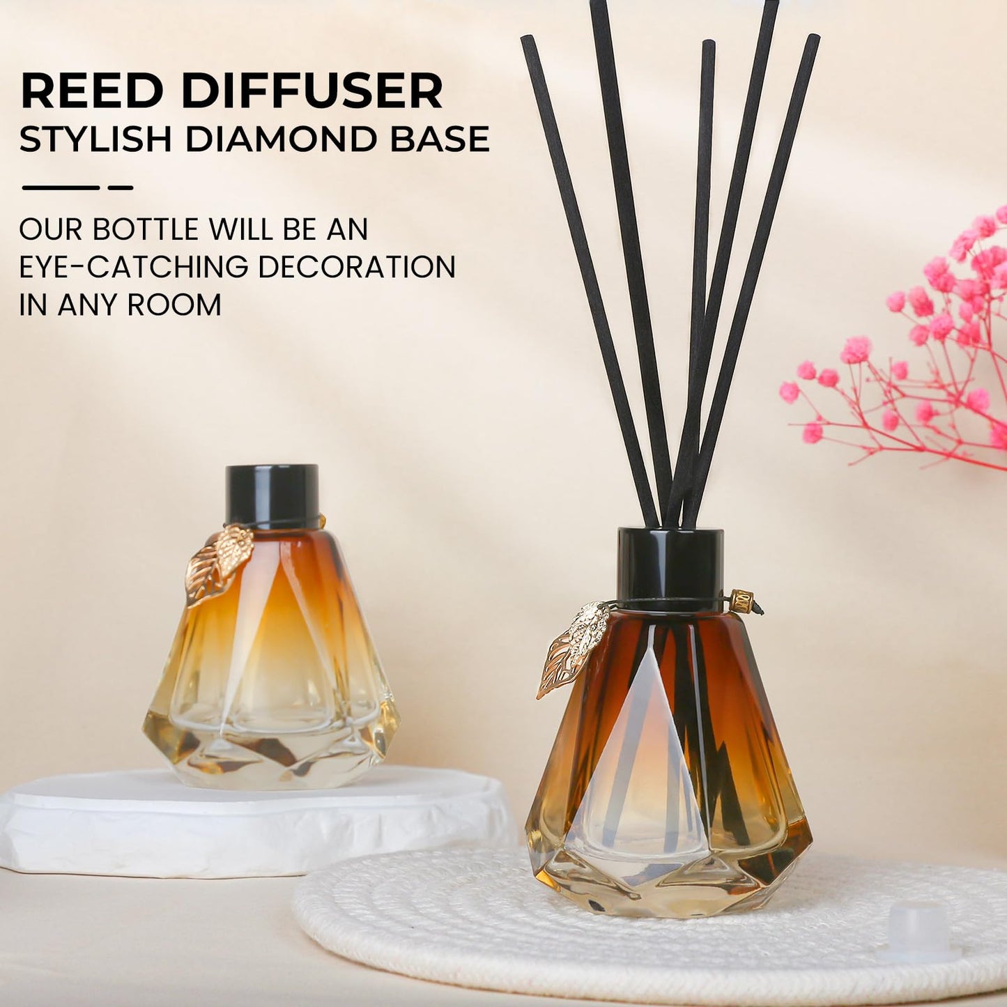 Reed Diffuser Set - 4 Empty Bottles with 20 Sticks, Delicate Gold Leaf Decor, Glass Fragrance Diffuser with Lids for Home, Bathroom | Refillable, Diamond Style (4 PCS Black)