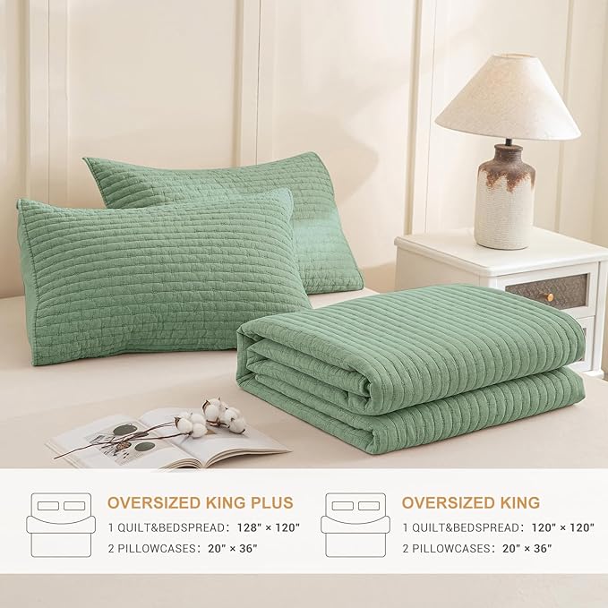 Sanracie Cotton Oversized King Bedspread(128"x120"), Green Ultra Soft Stonewashed Extra Large Wide Oversized Quilt Sets Cross Stitch Lightweight Crinkle Coverlet Set 3Pcs for All Season