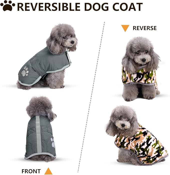 Queenmore Dog Winter Coat, Cold Weather Fleece Jacket for Dogs, Waterproof Reflective Reversible, for Small, Medium and Large Dogs (Grey, S)