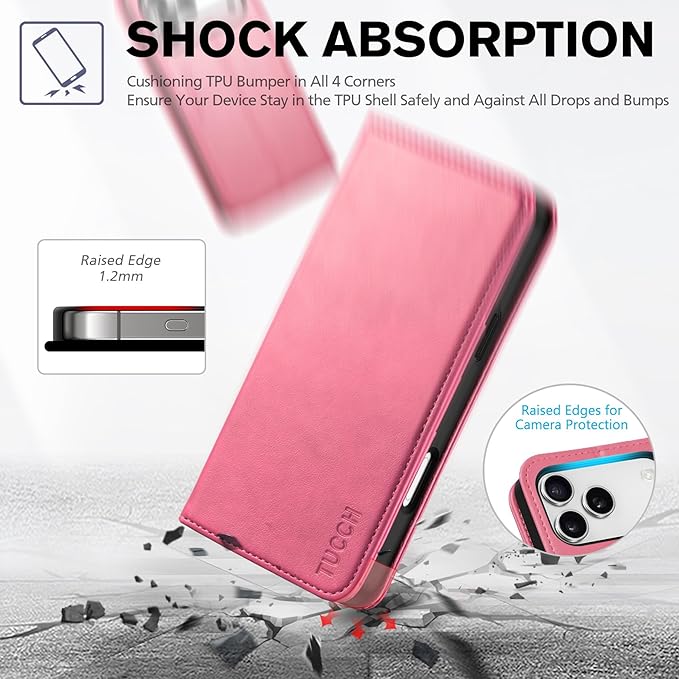 TUCCH Case Wallet for iPhone 17 Pro Max (6.9-Inch) 2025, [3 Card Slots] Kickstand [RFID Blocking] PU Leather Case, Flip Folio Cover with [TPU Shockproof Interior Shell], Hot Pink