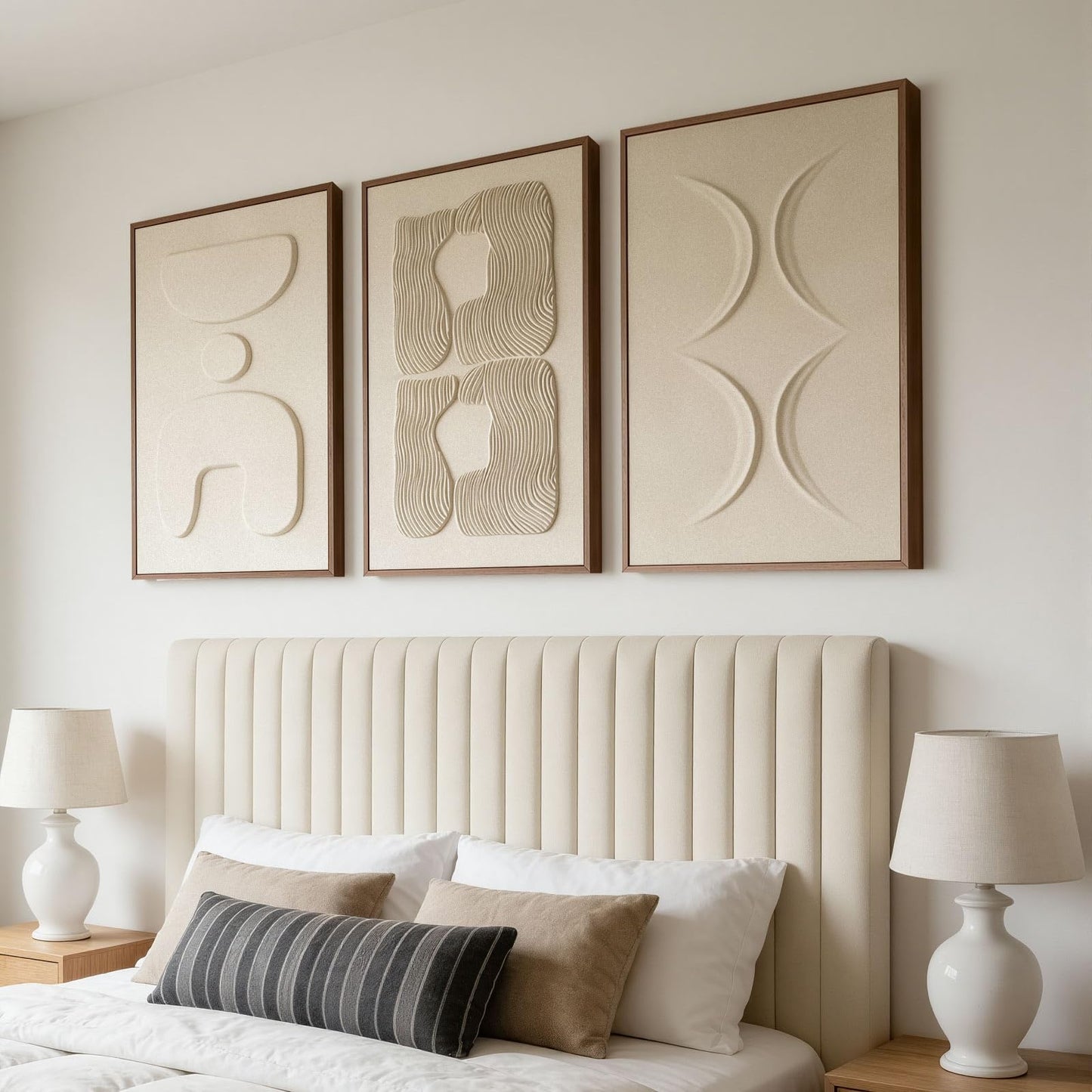 Large 3D Textured Wall Art for Living Room, Set of 3 Wabi Sabi Abstract Sandstone Relief Artwork with Solid Catalpa Wood Frame, Minimalist Triptych Pictures for Hallway Entryway, Sand Beige, 24x36 In