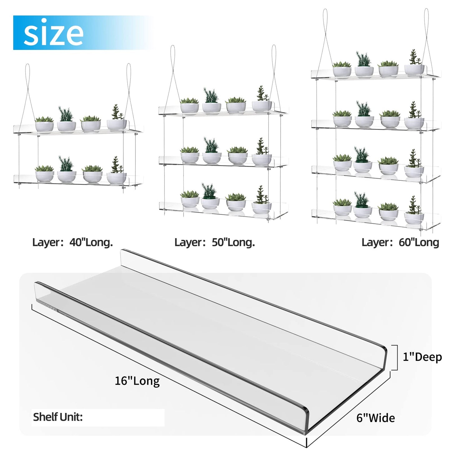ZerzSemp 2-Pack Adjustable Clear Acrylic Plant Stands for Windows – 16" Transparent Hanging Window Plant Racks for Indoor Garden, Herbs, or Home Decor in Kitchen & Bedroom