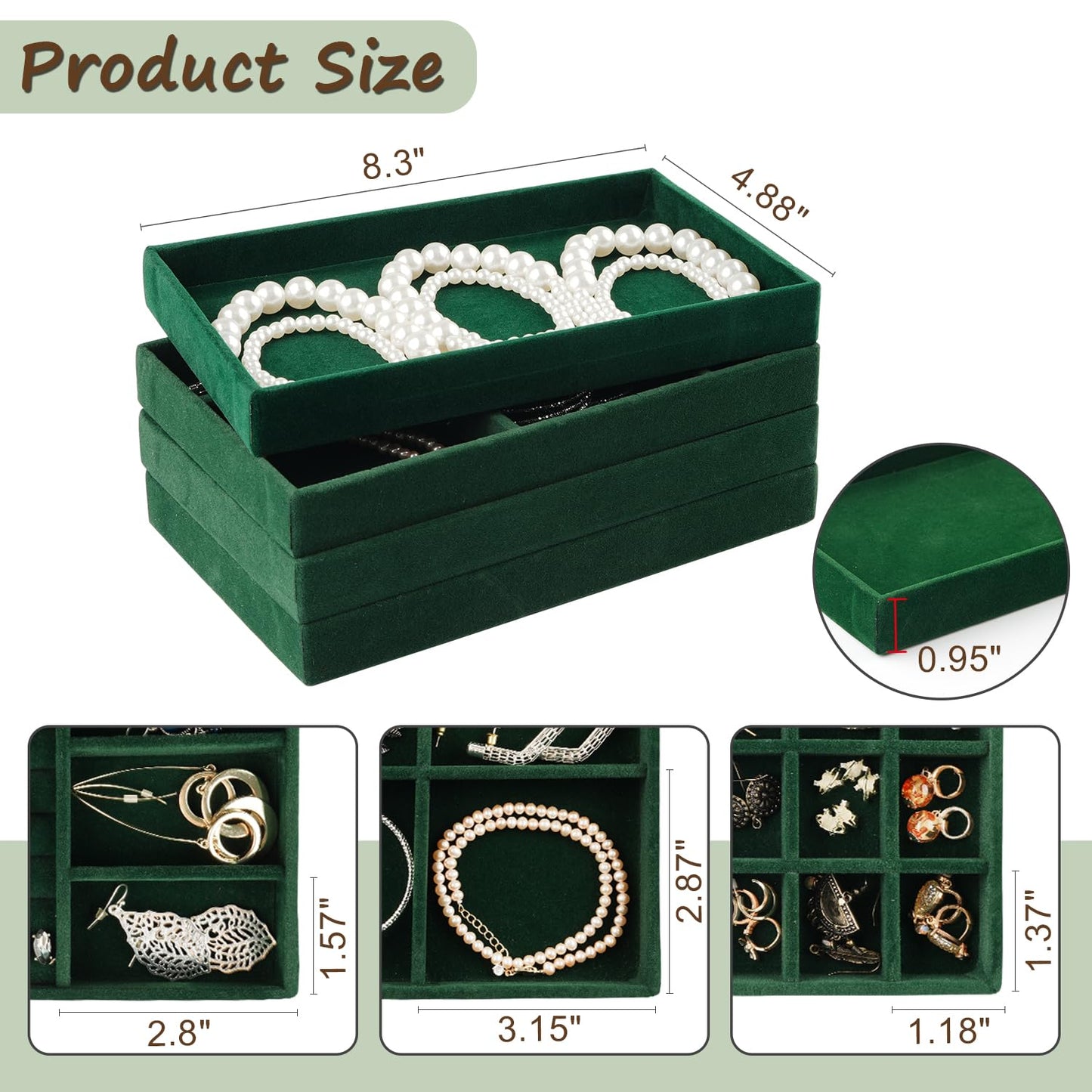 ERLSTE Jewelry Drawer Organizer, 8 Set of Stackable Velvet Organizer Tray, Drawer Inserts for Jewelry Organization, Showcase and Safely Store Your Collection with Elegance and Sophistication (Green)