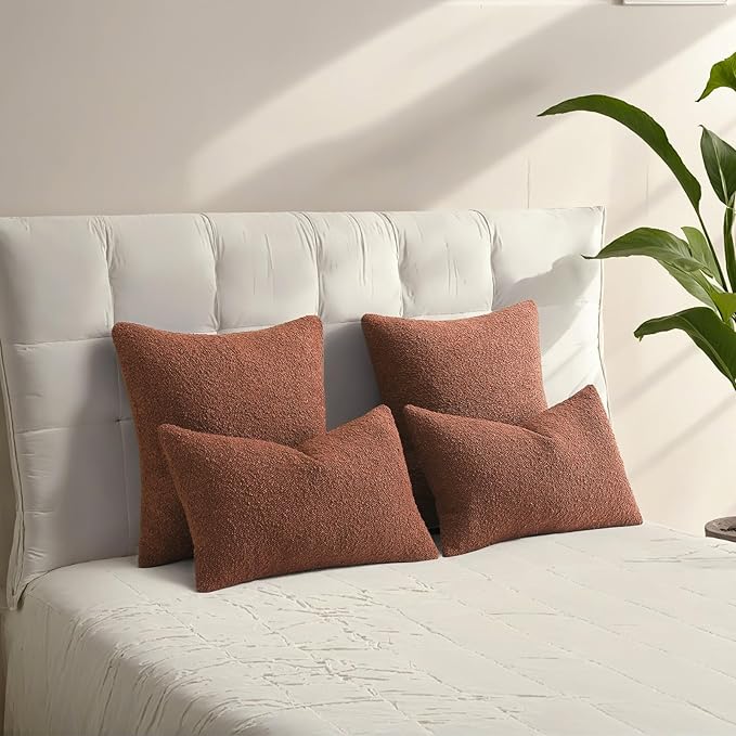 HAUSSY Set of 2 20x20 Decorative Throw Pillow Covers, Soft Cozy Textured Boucle Couch Cases, Home Decor for Couch Bed Living Room, Rust