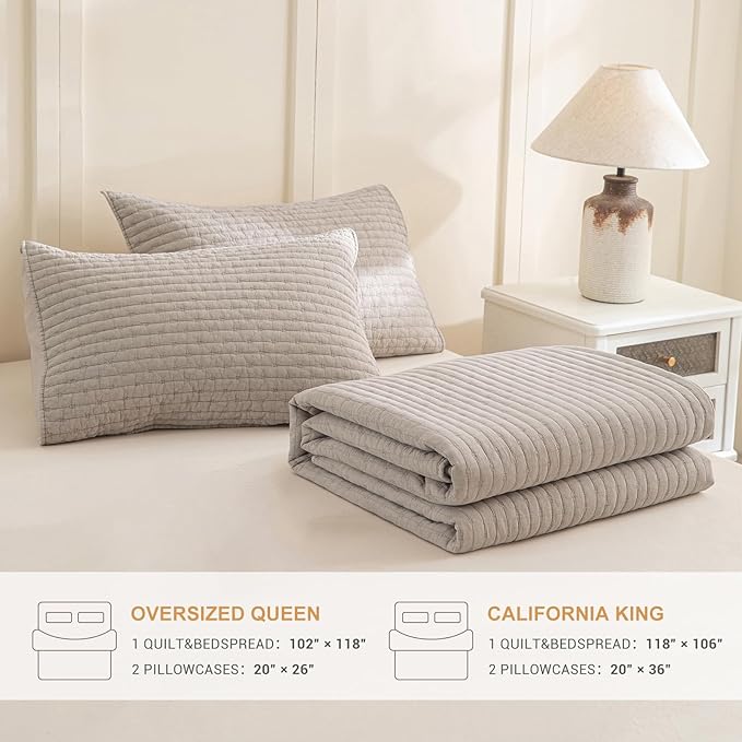 Sanracie Stonewashed Cotton Coverlet Oversized King(102"x118"), Linen Colored Cross Stitch Pattern Quilt Sets 3Pcs Ultra Soft Lightweight Crinkle Bed Coverlet Set for All Season