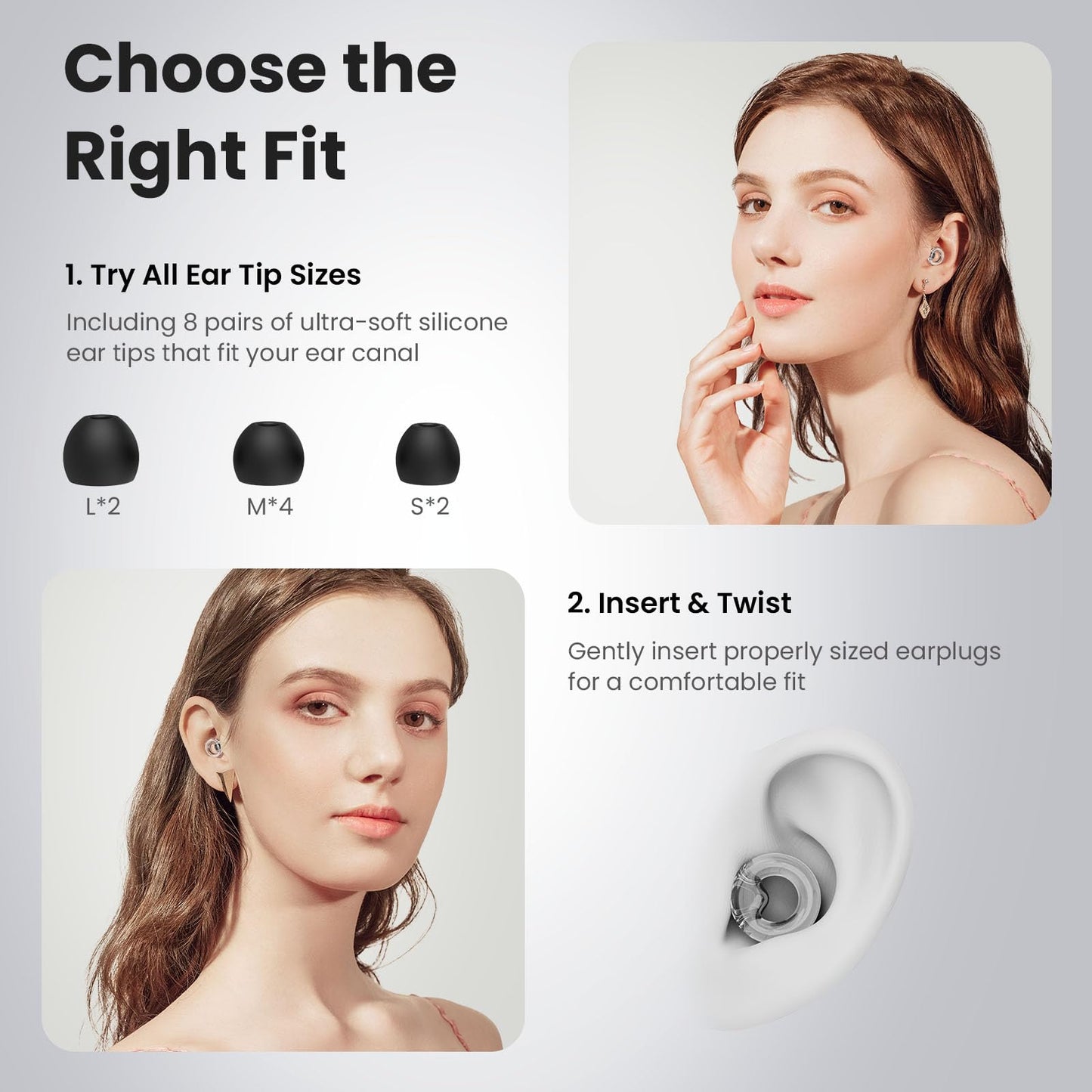 JUSTRVN Ear Plugs for Concert, 2 Pairs of Noise Reduction Earplugs 25dB-30dB with 8 Ear Tips&Carry case,Reusable Hearing Protection earplugs for Sleep,Social,Work,Focus&Noise Sensitivity