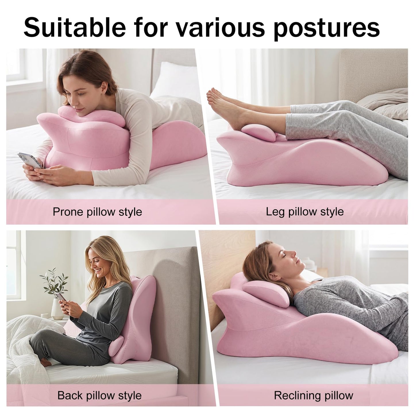 cjc Ergonomic Memory Foam Wedge Pillow Adjustable Reading Pillow for Sleeping Bed Support Prone Pillow for Back Pain with Neck Support,Multi-Position Support Pillow with Removable Cover (Pink)
