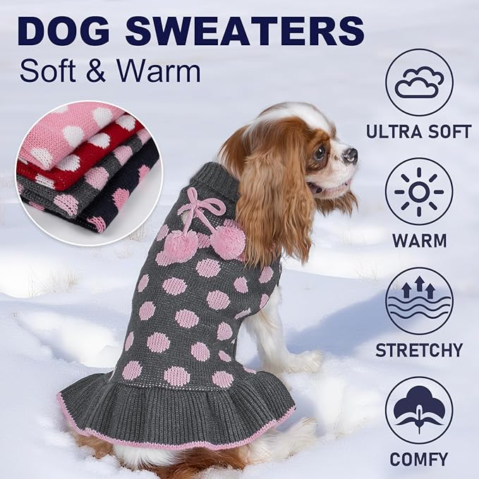 KYEESE Dog Sweaters with Leash Hole for Small Dogs Turtleneck Dog Sweater Dress for Girl Polka Dot Knit Pullover Doggie Sweater Warm Pet Sweater