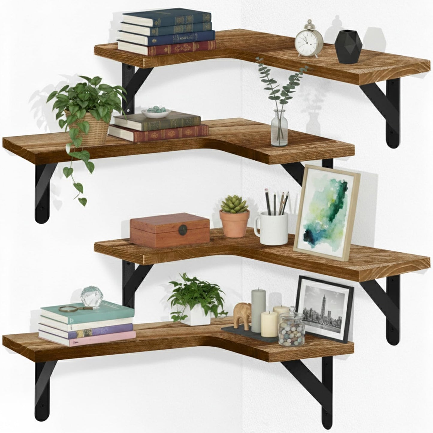 Jeffbaubl 4Pcs Corner Floating Shelves, L-Shaped Wall Mounted Shelf, Wall Mounted Wood Shelves for Storage and Decor, Rustic Wood Corner Shelf for Kitchen Living Room Bedroom, Light Brown