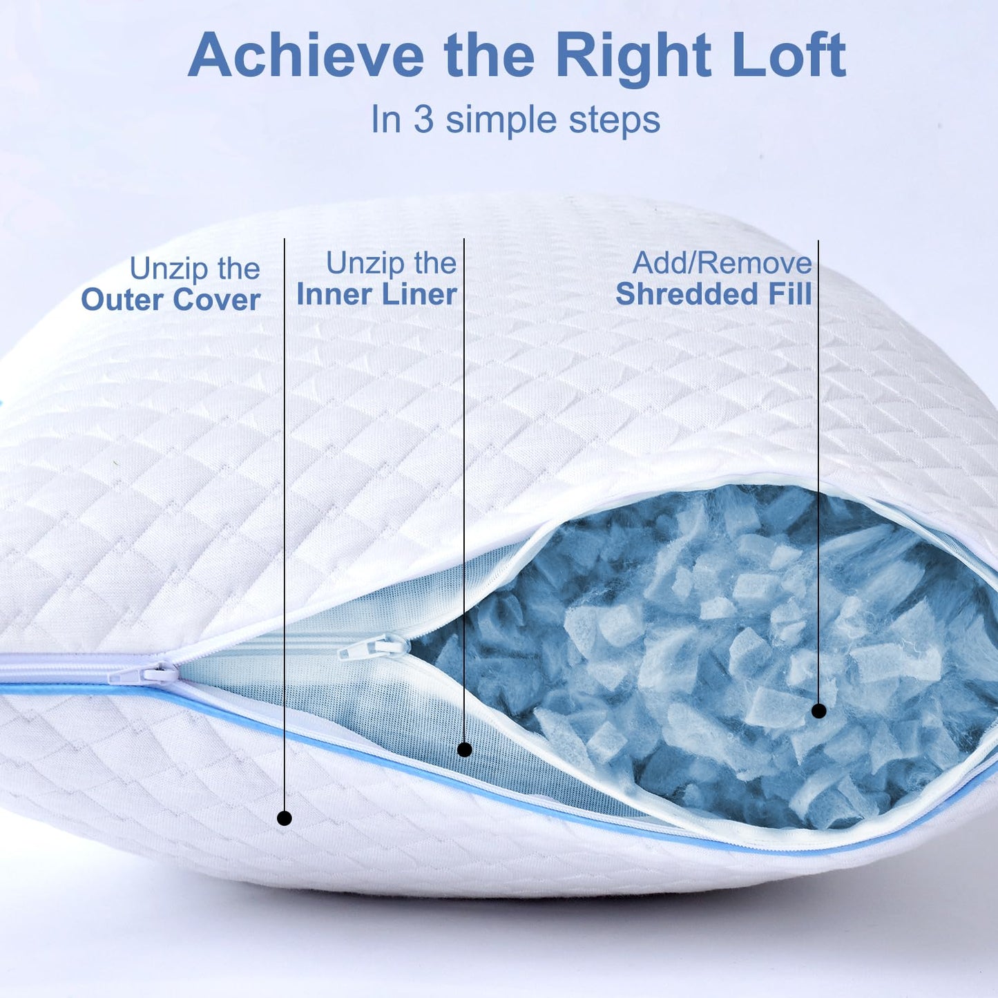 Friendriver Shredded Memory Foam Pillows for Sleeping 2 Pack - Cooling Bed Pillows Queen Size Set of 2 - Firm Pillow for Side and Back Sleepers Adjustable Gel Pillow with Removable Cover