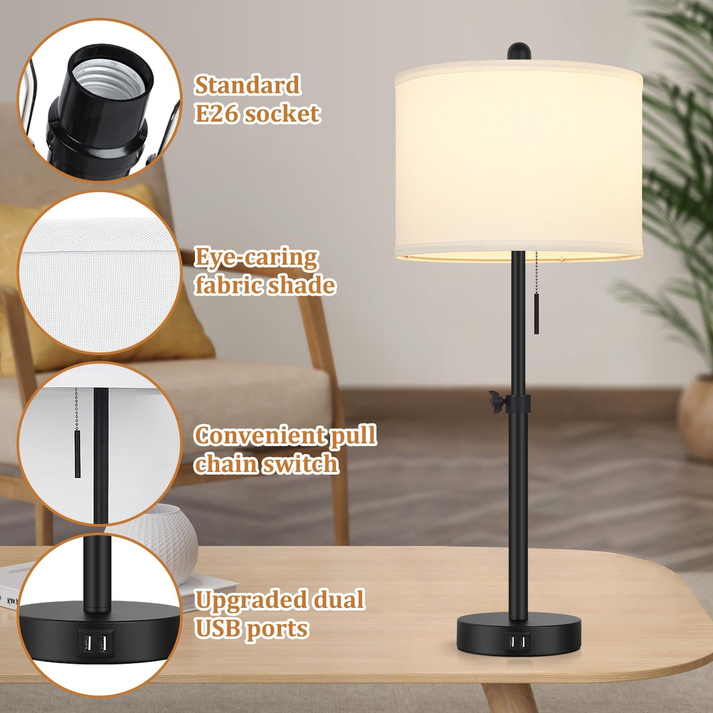 Kondras Table Lamp for Bedroom Set of 2, 23" to 30" Height Adjustable Bedside Lamp with 2 USB Ports, Black Nightstand Lamp with White Shade, Modern Pull Chain Table Lamp for Living Room End Table
