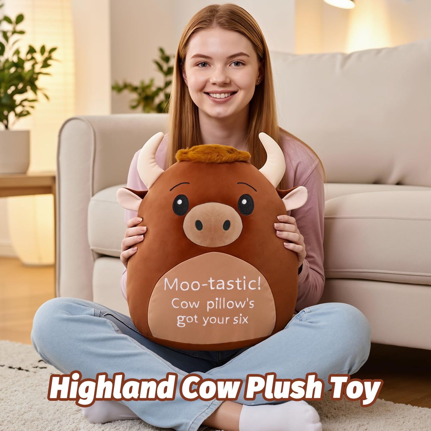 AGIFTMIND 12 inch Cute Highland Cow Stuffed Animals Soft Cow Plush Pillow with Motivational Message for Adults Birthday Decorations (Brown)