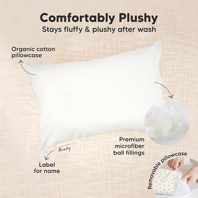 Mini Toddler Pillow with Pillowcase - 9x13 My Little Dreamy Travel Kids Pillow for Sleeping, Toddler Bed, Small, Tiny, Organic Cotton Pillowcase, Soft & Breathable, Kids 2-4 Years Old(Soft White)