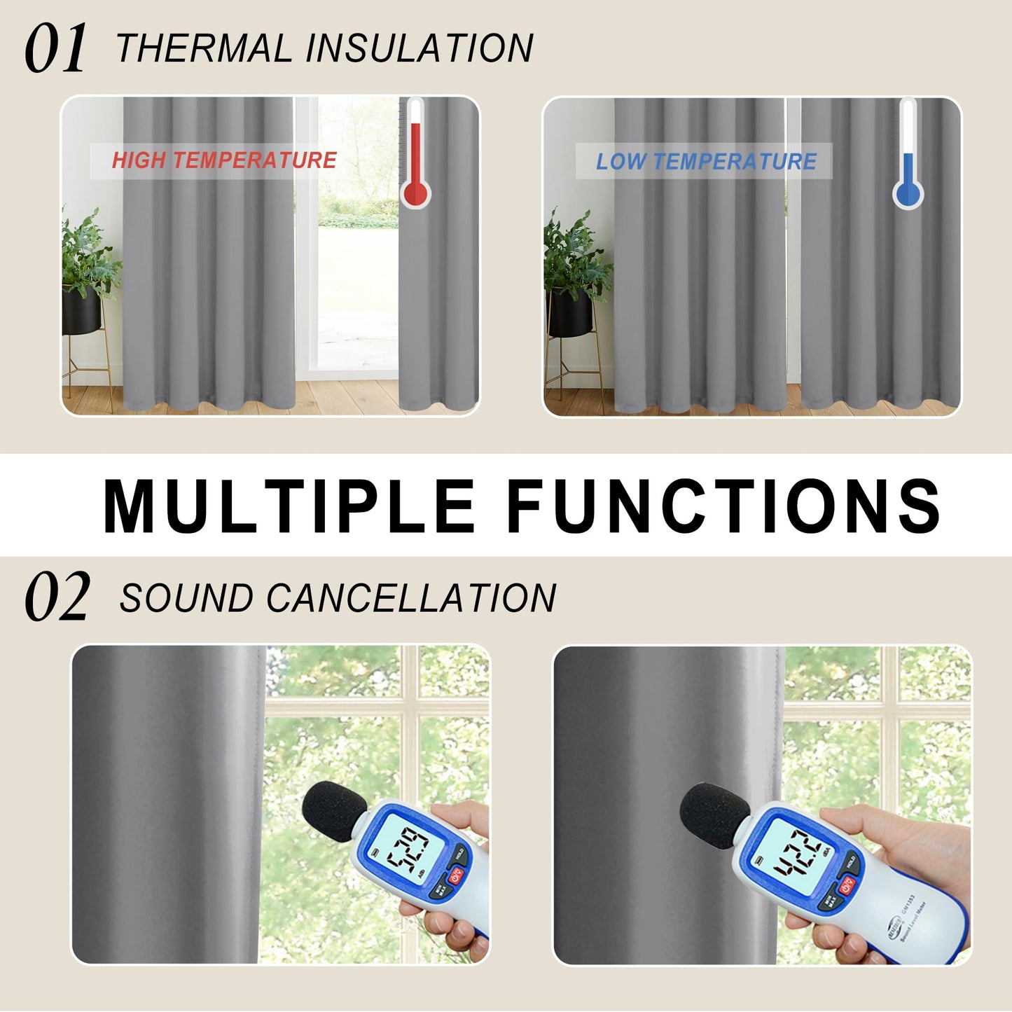 XWZO 100% Blackout Curtains with Tiebacks- Heat and Light Blocking Rod Pocket & Back Tab Window Drapes with Black Liner Backing for Bedroom/Kid's Room, Light Grey, W52 x L108, Set of 2 Panels