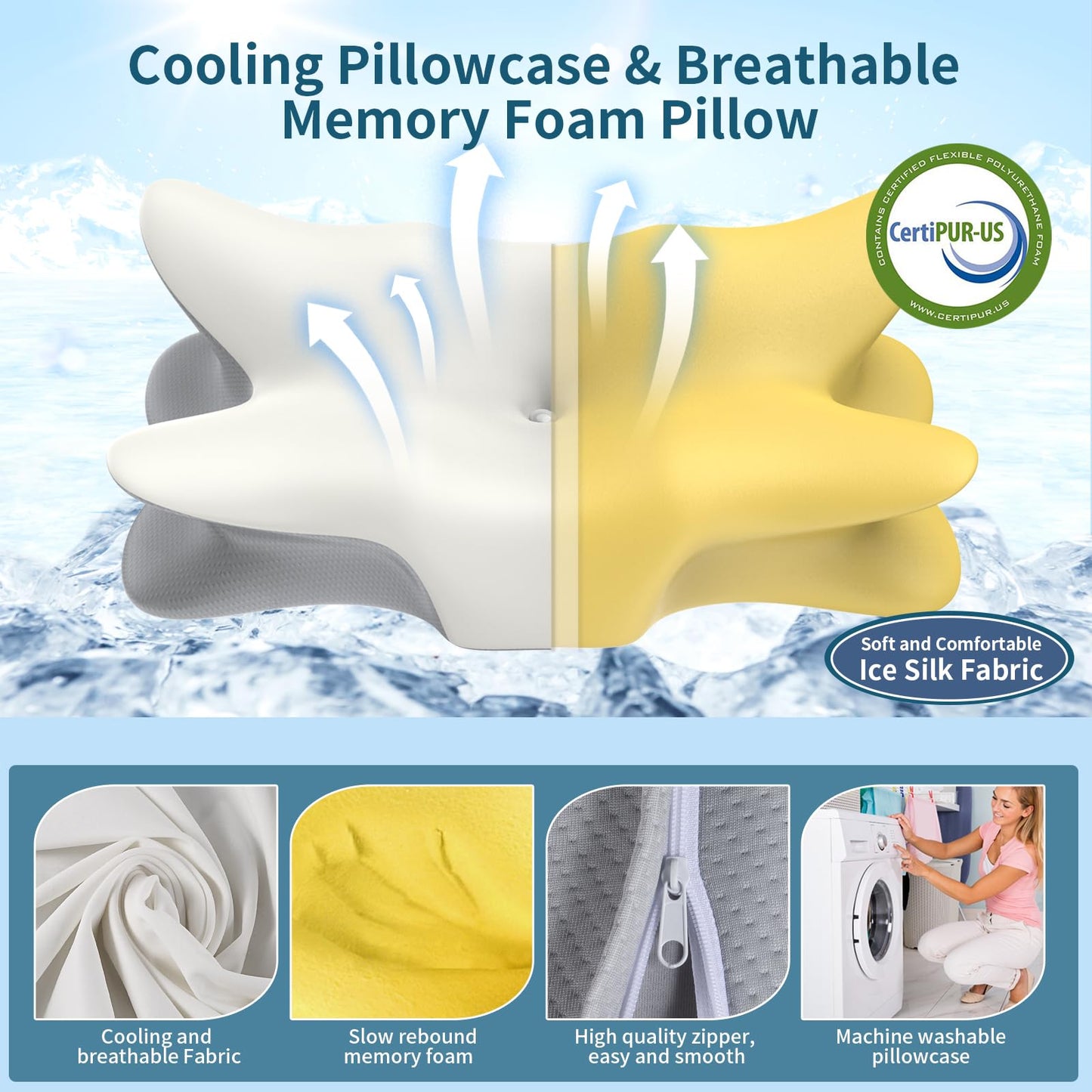 Besyodo Cervical Neck Pillow for Pain Relief, Ergonomic Side Sleeper Pillow Cooling Memory Foam Pillows for Sleeping, Contour Pillow Orthopedic Bed Pillow for Back Stomach Sleepers(White)