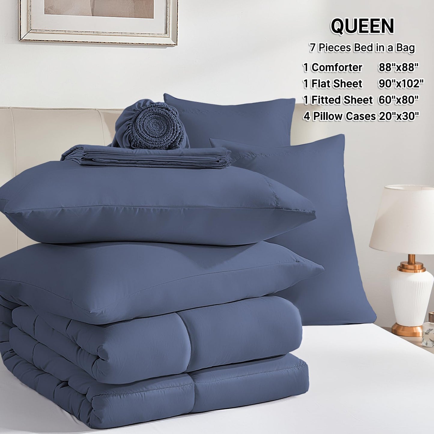 SunStyle Home Grayish Blue Full/Queen Comforter Set - 7 Pieces Bed in a Bag, Lightweight Goose Down Alternative Bedding Sets with All Season Comforter, 1 Flat Sheet, 1 Fitted Sheet, 4 Pillowcases