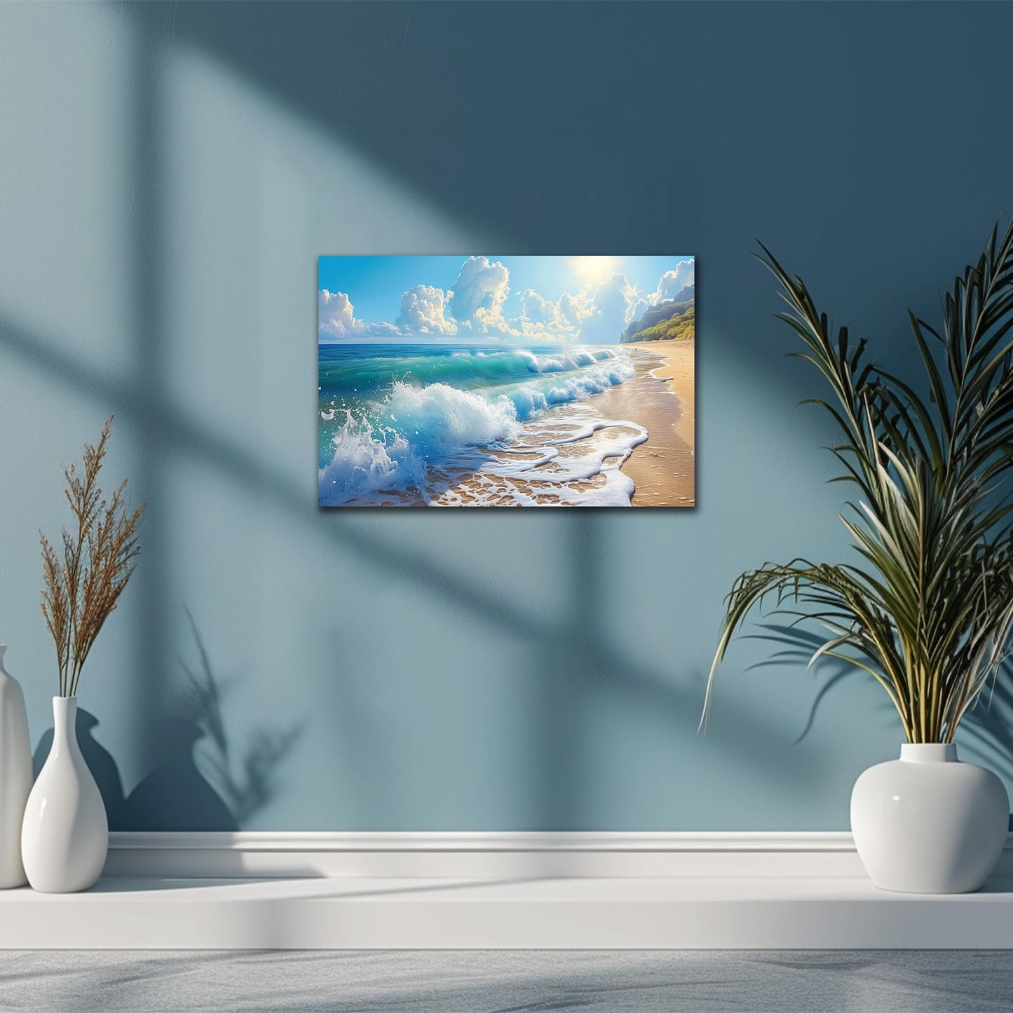 Bathroom Decor Wall Art, Blue Beach Picture Ocean Theme Canvas Prints Wall Art, Modern Coastal Seascape Painting Framed Seaside Artwork, Sunny Beach Ocean Landscape for Home Bedroom Office 12x18 Inch