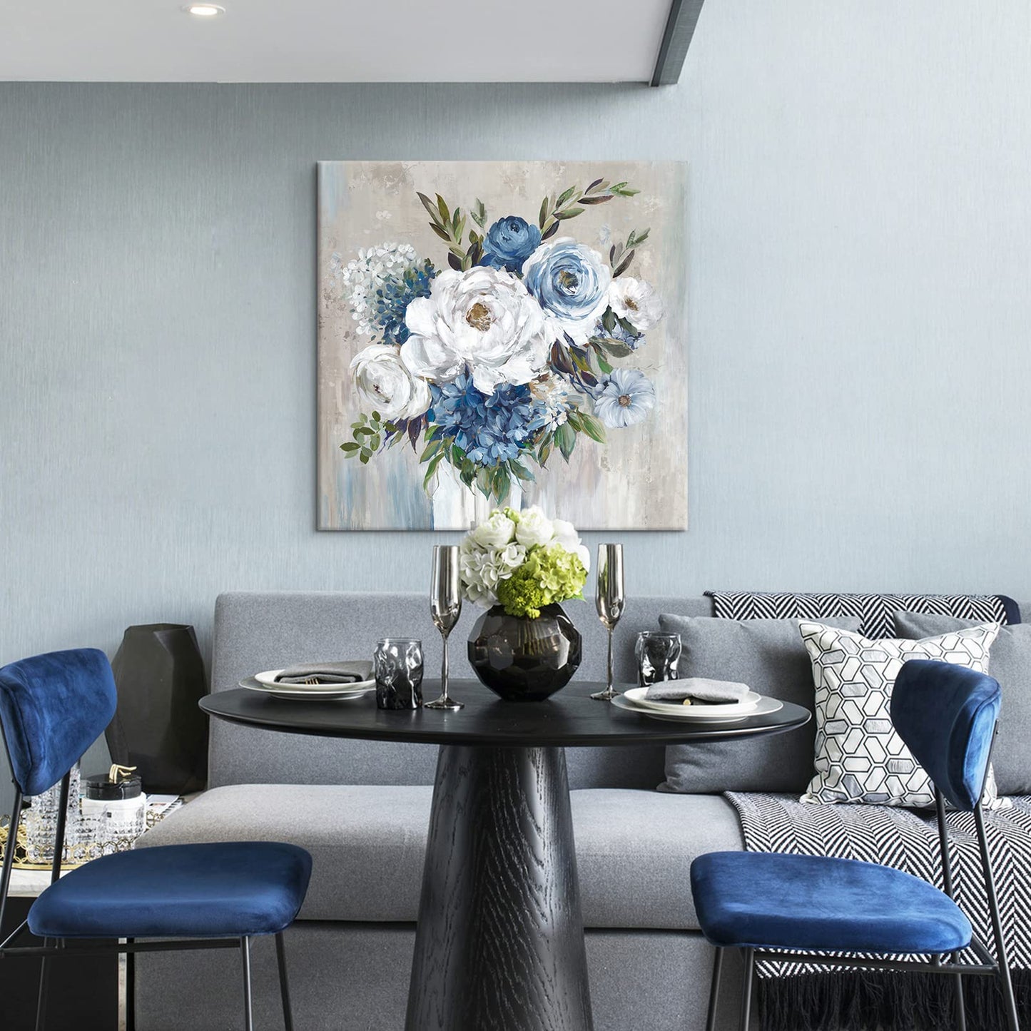 Goldfoilart Blue Flower Wall Art for Living Room White Floral Canvas Pictures Modern Paintings Framed Artwork for Bedroom Bathroom Dining Room Office Wall Decor 24" x 24"