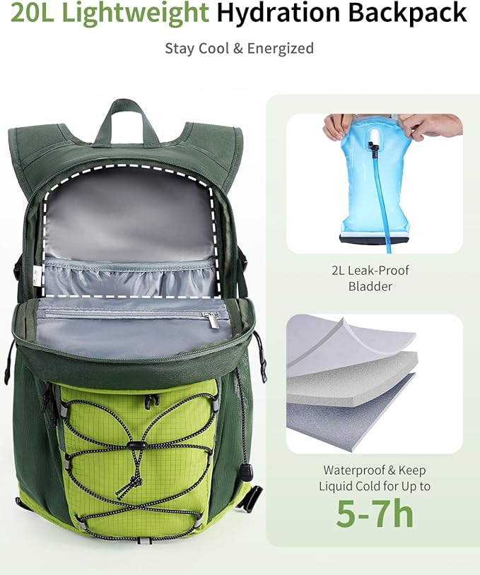 ECOHUB Hydration Backpack for Men Women, 20L Lightweight Hiking Daypack Cycling Backpack with 2L Water Bladder, Insulated Hydration Pack with Waist Pack