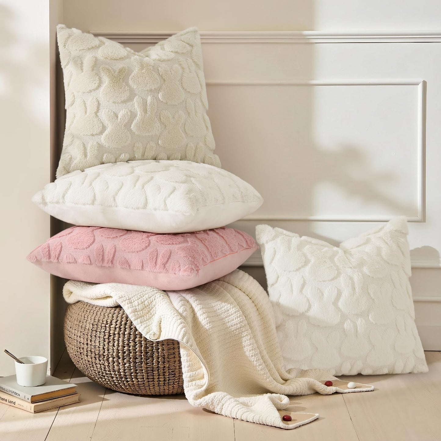 decorUhome Easter Bunny Pillow Covers 12x20 Inch Set of 2, Soft Plush Faux Wool Jacquard Beige Rabbit Cushion Covers, Farmhouse Neutral Spring Easter Holiday Decor for Couch Sofa Bed