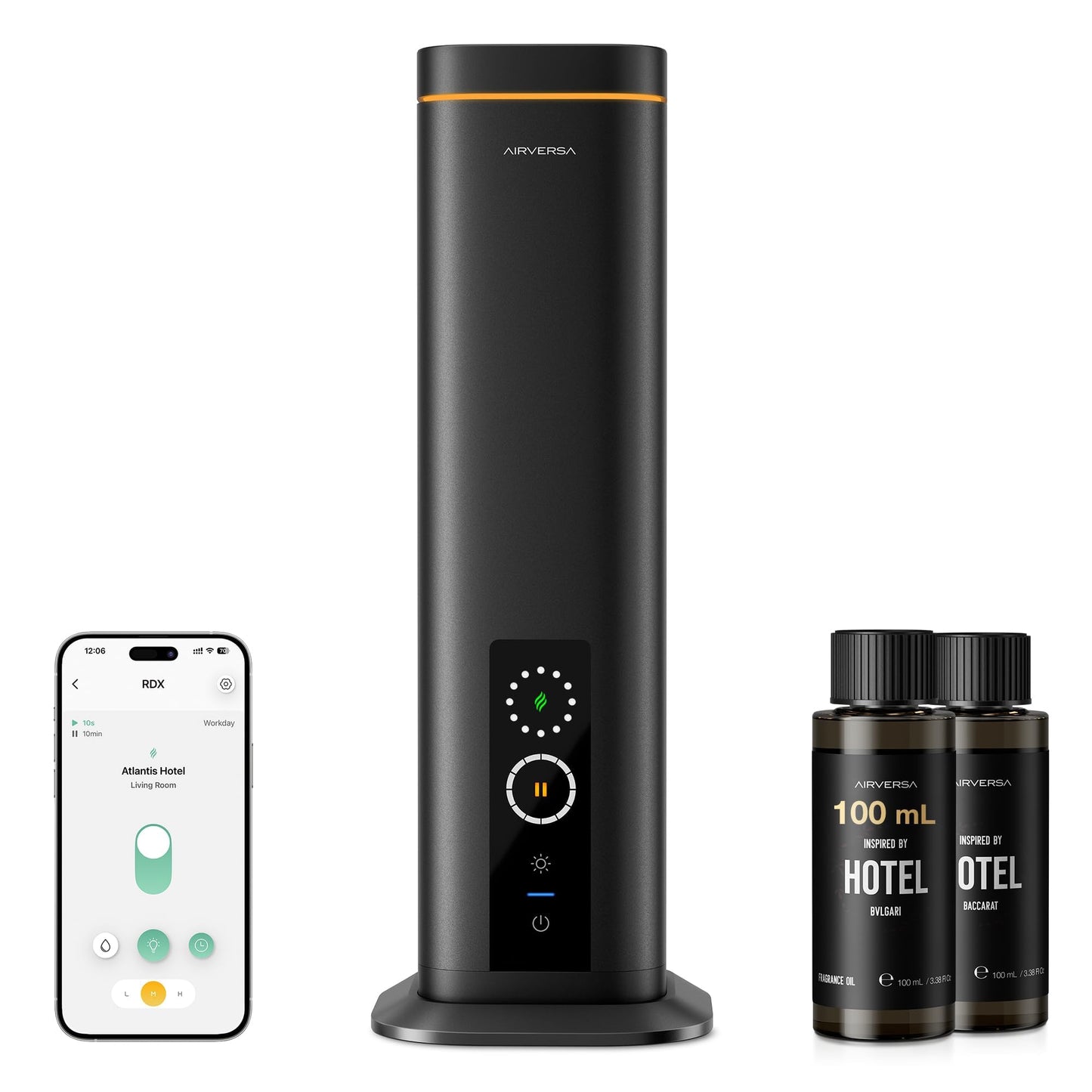 Airversa Waterless Diffuser, Smart Tower Diffuser with App Control, Cold Air Scent Diffuser Oil Machine for Homes Offices Hotels, 300mL Capacity, Up to 1500 sq ft, DC-12V/1A Plug, RDX Black Kit