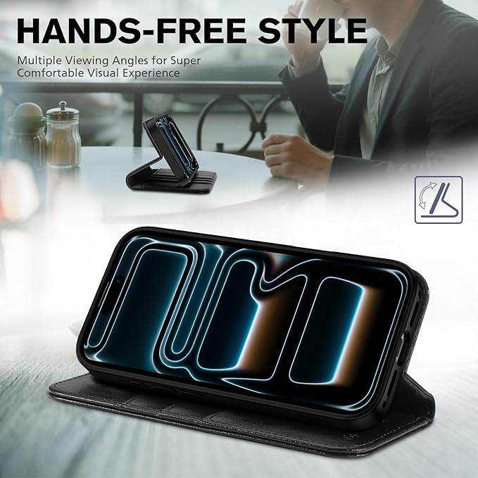 TUCCH Case Wallet for iPhone 17 Pro (6.3") 2025, RFID Blocking, 3 Card Holders, Kickstand, PU Leather, Protective Flip Folio Cover, TPU Shockproof Interior Shell, Textured Black