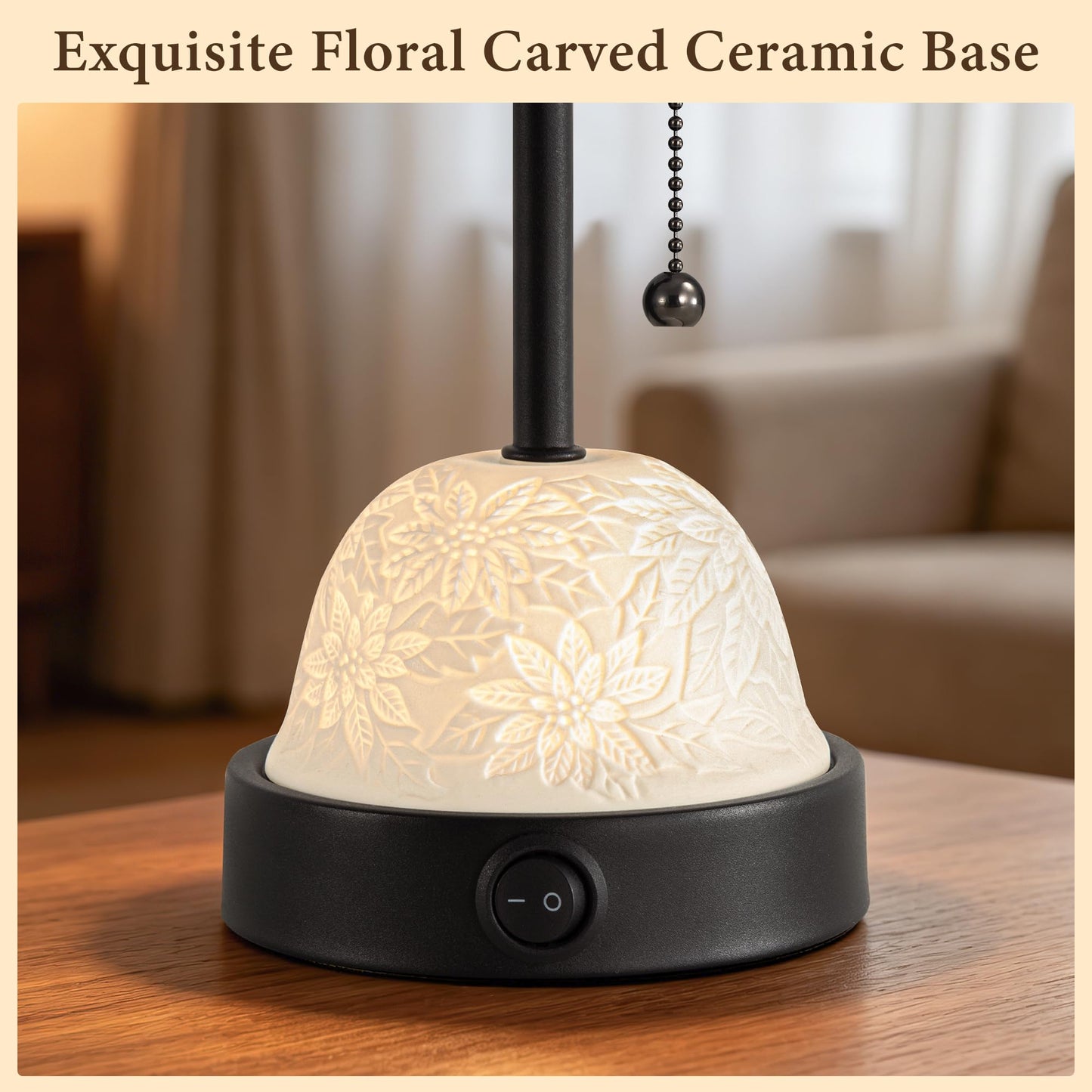 SIBRILLE Table Lamp for Bedroom, Dual Light Nightstand Lamp with Fabric Shade & Ceramic Carved Night Light Base, Individual Controls Bedside Lamp for Living Room, 8W LED Bulb Included
