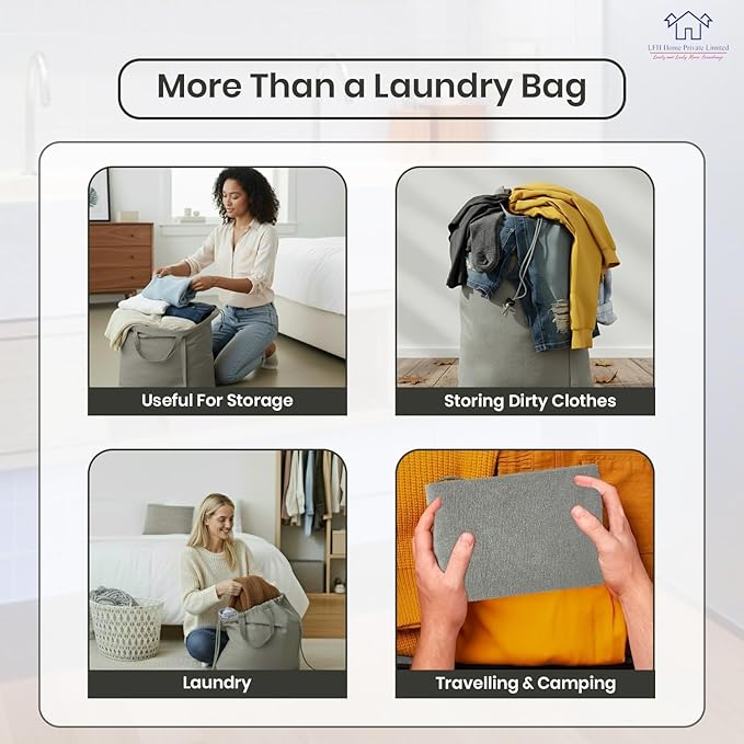 LFH Home Cotton Canvas Large Laundry Bag with Handle, Heavy Duty Drawstring Closure Washable Laundry Bags, School Travel, Home, Hotel, College Dorm, Organizer Sack, Toys Clothes 20x30 (Pack of 2)-Grey