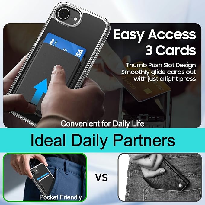 Ntwinro Magnetic for iPhone 16e Clear Case (Compatible with MagSafe) with Black Detachable Wallet & Card Holder for 3 Cards [RFID Blocking] Military Grade Protective Slim Phone Cover