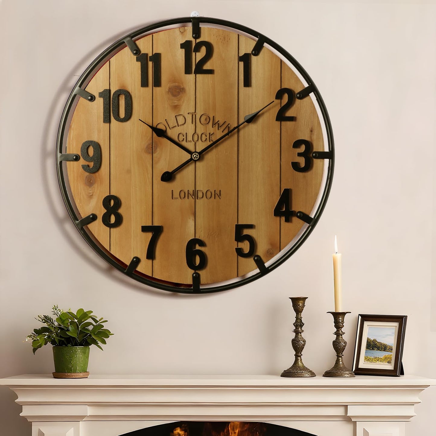 Vantic Farmhouse 30 Inch Extra Large Decorative Wall Clock with Metal Circlee, Oversized Wood Wall Clock with Large Arabic Numeral for Living Room, Bedrooms and Offices, Silent and Battery Operated