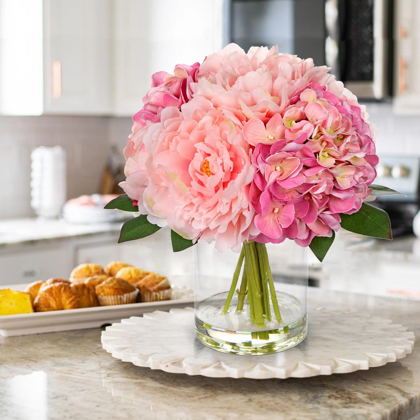Hollyone Pink Hydrangea Peonies Artificial Flowers Real Touch Fake Flowers Arrangements in Vase with Faux Water Peony Hydrangeas Silk Flower with Vase for Table Centerpiece Shelf Home Decor
