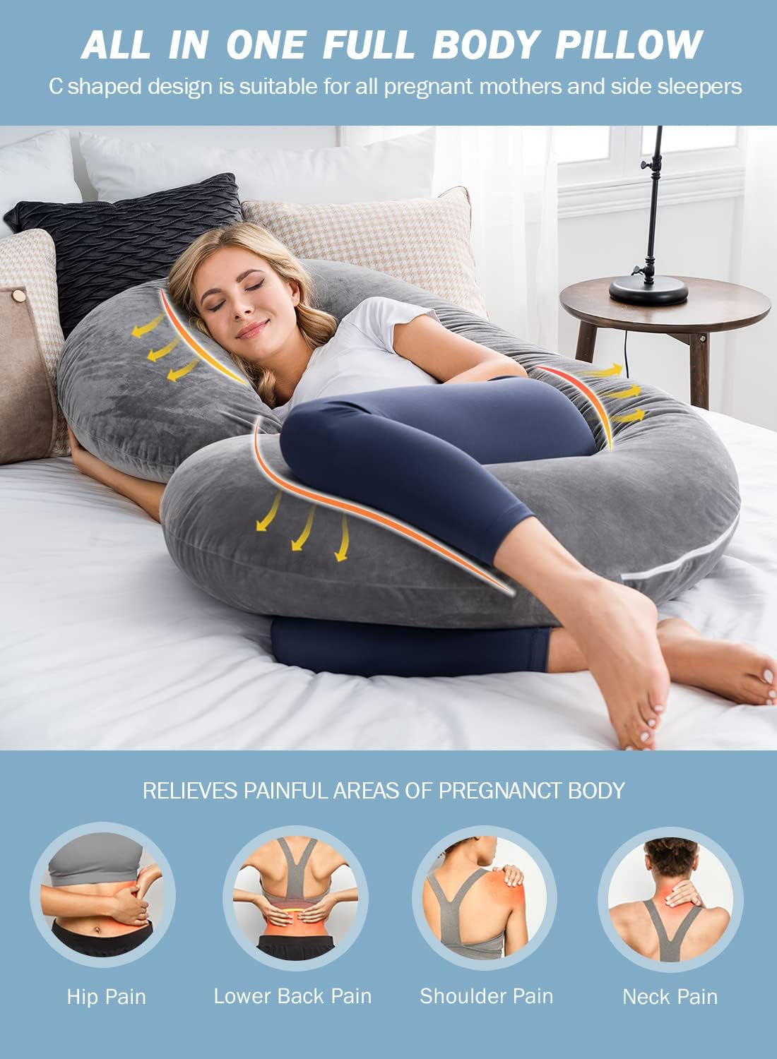 INSEN Pregnancy Pillow for Sleeping, Maternity Pillow with Jersey Cotton Cover,C Shaped Body Pillow for Pregnant (Gray)