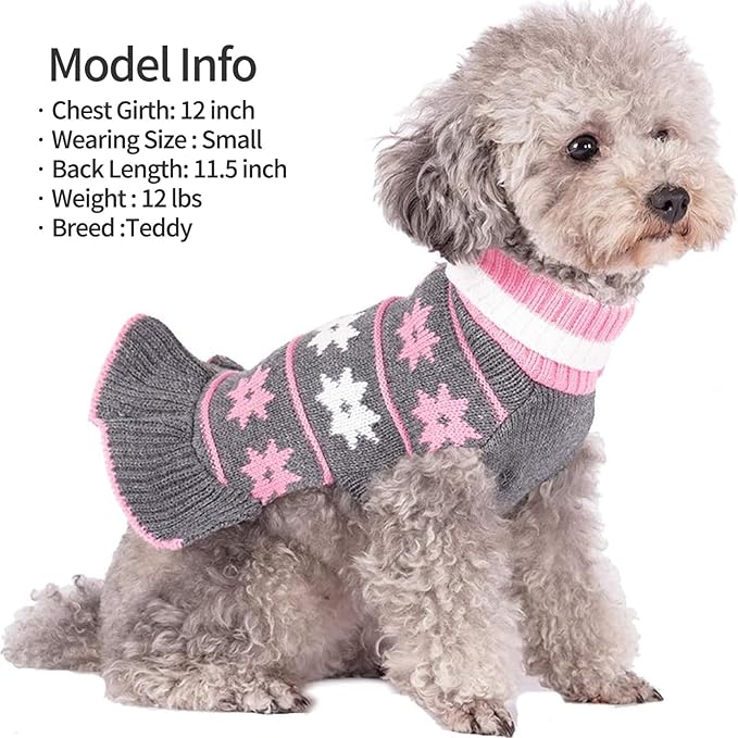 KYEESE Dog Sweater for Small Dogs Fall Winter Dogs Clothes Warm Pet Coats Pullover Knit Pullover for Girl Pet Sweater with Classic Snowflake Pattern Dog Sweater Dress with Leash Hole, Grey, X-Small