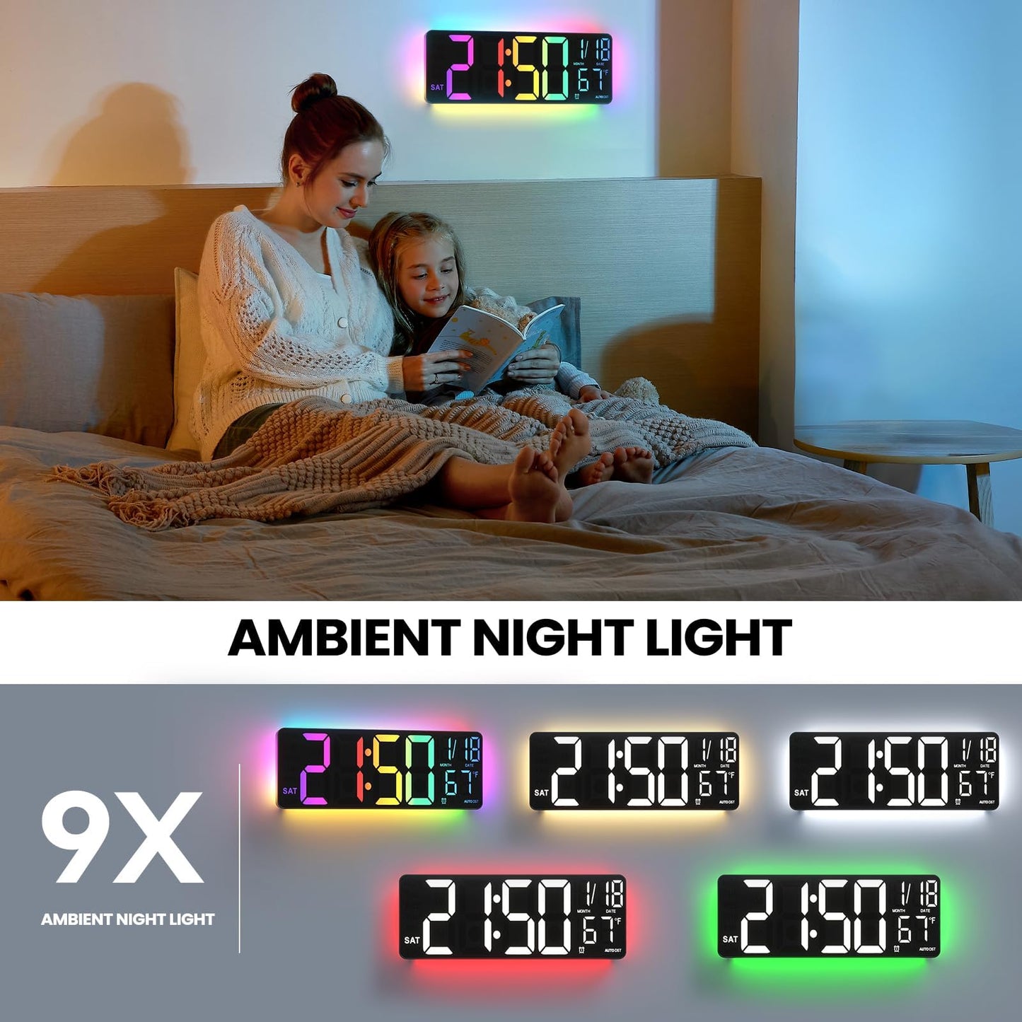 YISILE 13" Digital Wall Clock with Night Light,8 RGB Color,Dual Alarms with Large Display, Dimmer, Auto DST, Voice Control, Auto Time Sync,Remote Control for Living Room Bedroom,Gift for All Ages