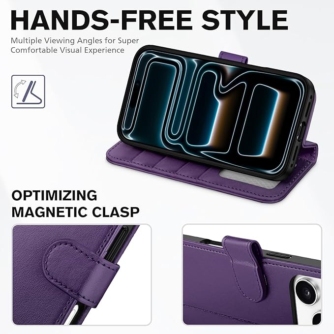 TUCCH Case Wallet for iPhone 17 Pro (6.3") 2025, Wrist Strap, Stand, RFID Blocking, 4 Card Holder, TPU Shockproof Shell, PU Leather, Magnetic Closure Folio Protective Cover, Deep Purple