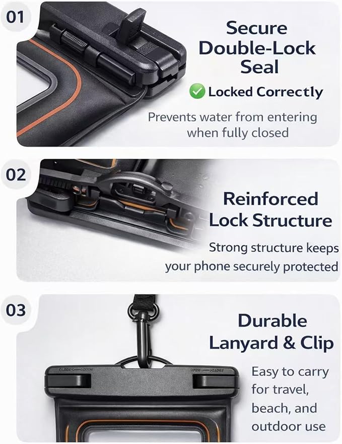 2-Pack IPX8 Floating Waterproof Phone Pouch, Dry Bag with Lanyard, Fits up to 7.2”, Compatible with iPhone 16/15/14/13 Pro Max, Galaxy S25/S24 Ultra, Pixel for Snorkeling, Kayaking(Black-Black)