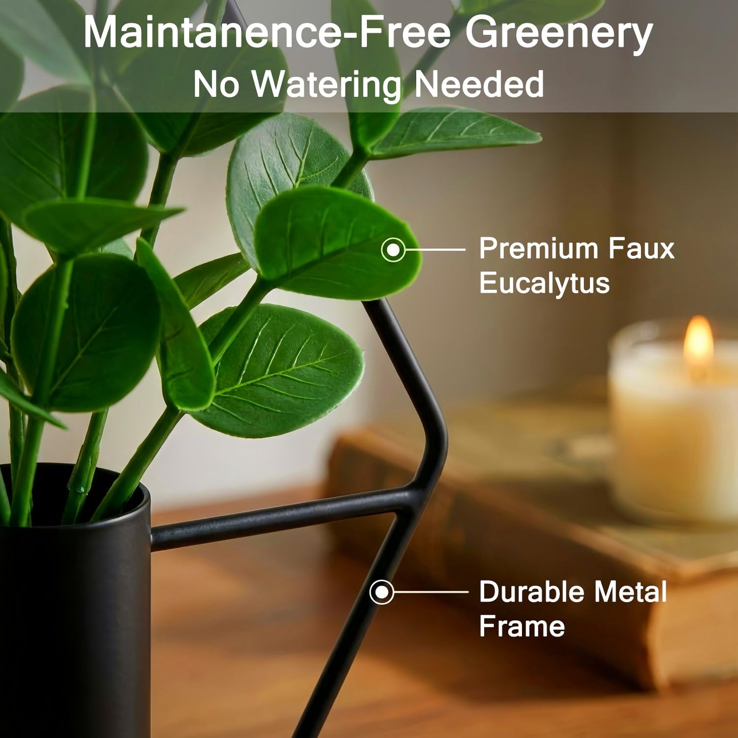 Modern Farmhouse Wall Art Decor - 2-Pack Metal Hanging Vases with Faux Eucalyptus Stems - Boho Wall Planters for Living Room Bathroom Bedroom Kitchen & Office (2, Black)