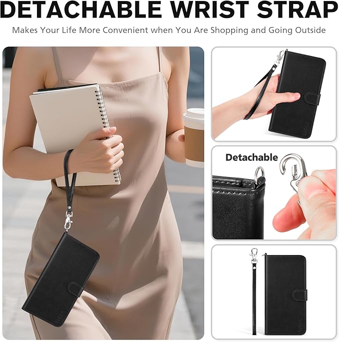 TUCCH Wallet Case for iPhone 17 (6.3") 2025, Wrist Strap RFID Blocking 4 Card Slots, Kickstand, Shockproof TPU Shell, PU Leather, Magnetic Closure, Protective Flip Folio Cover, Black