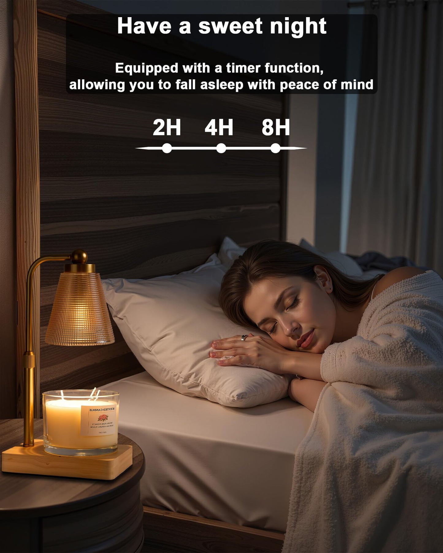 HONGZZI Candle Warmer Lamp with Timer - Adjustable Height & Brightness - Wood Base Glass Shade - 2 Bulbs Included(Square Gold)