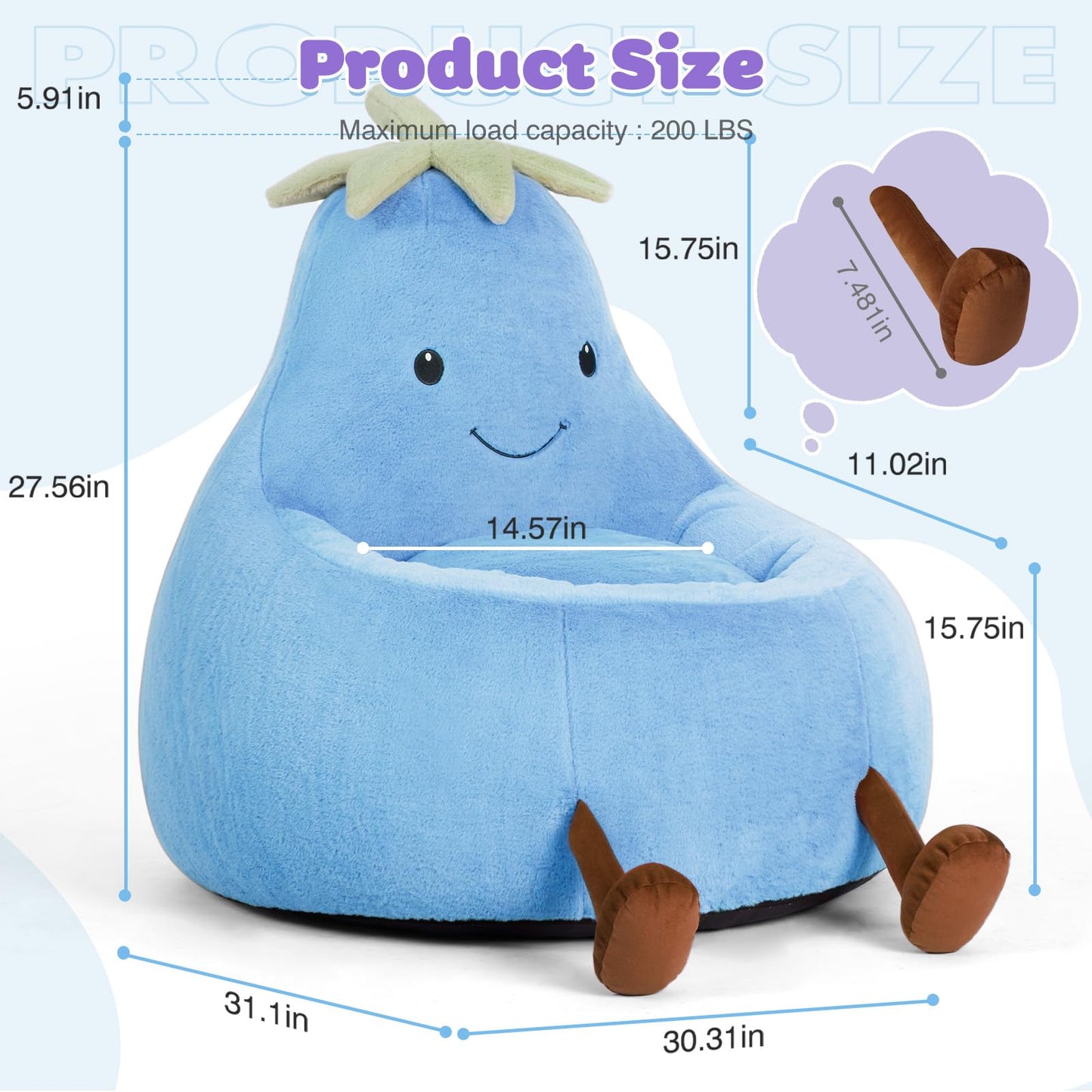 DUMOS Kids Bean Bag Chair, Stuffed Toddler Couch with Faux Rabbit Fur Cover for Teens & Kids, Comfy Lazy Sofa Chair for Reader, Living Room, Bedroom, Aged 4-12 Years, 31 Inch, Blue