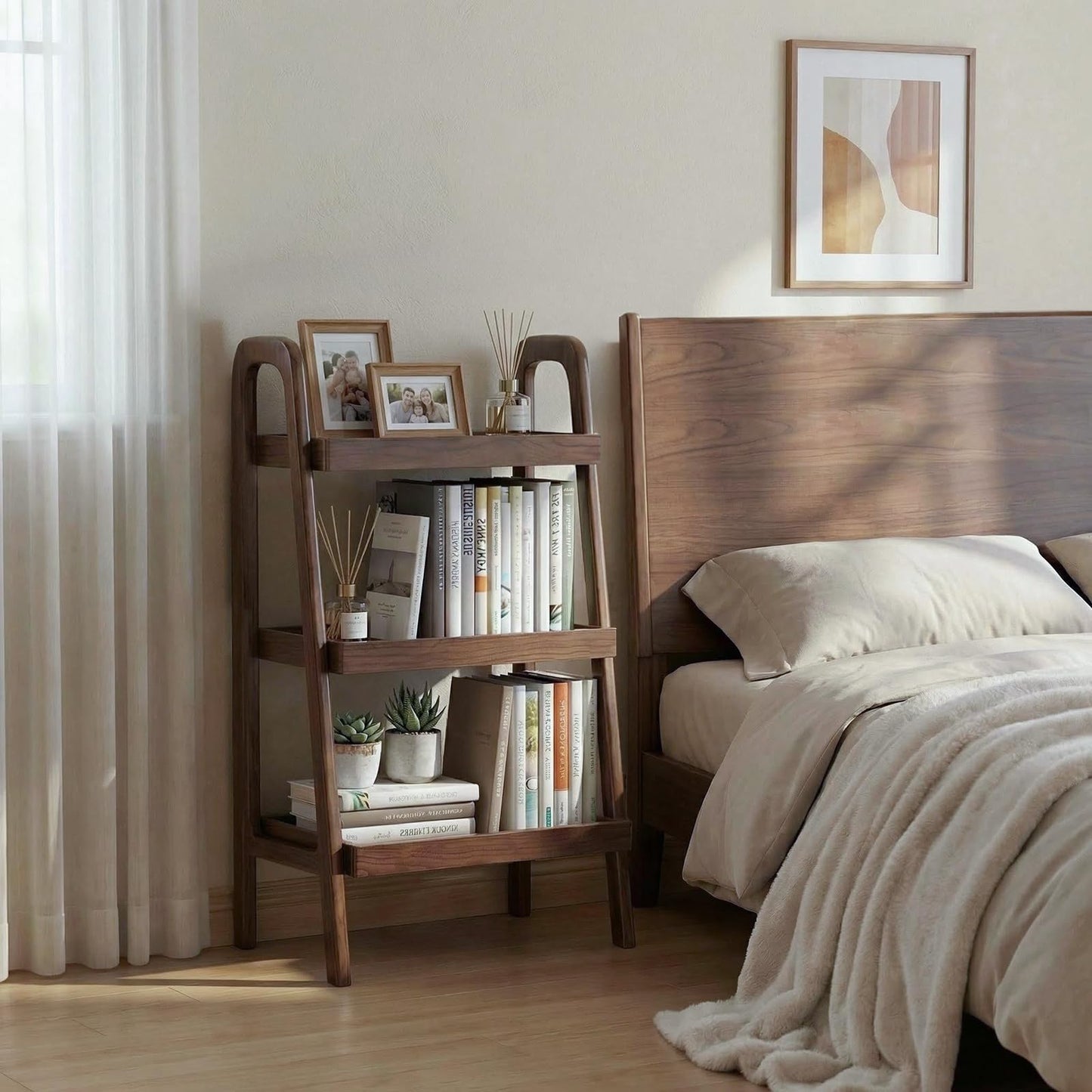 Grewood 100% Solid Wood 3-Tiers Ladder Shelf, Small Bookcase, Ladder Bookshelf, End/Side Table for Living Room, Display Storage Open Shelf for Bedroom Kitchen Bathroom (Walnut Color)